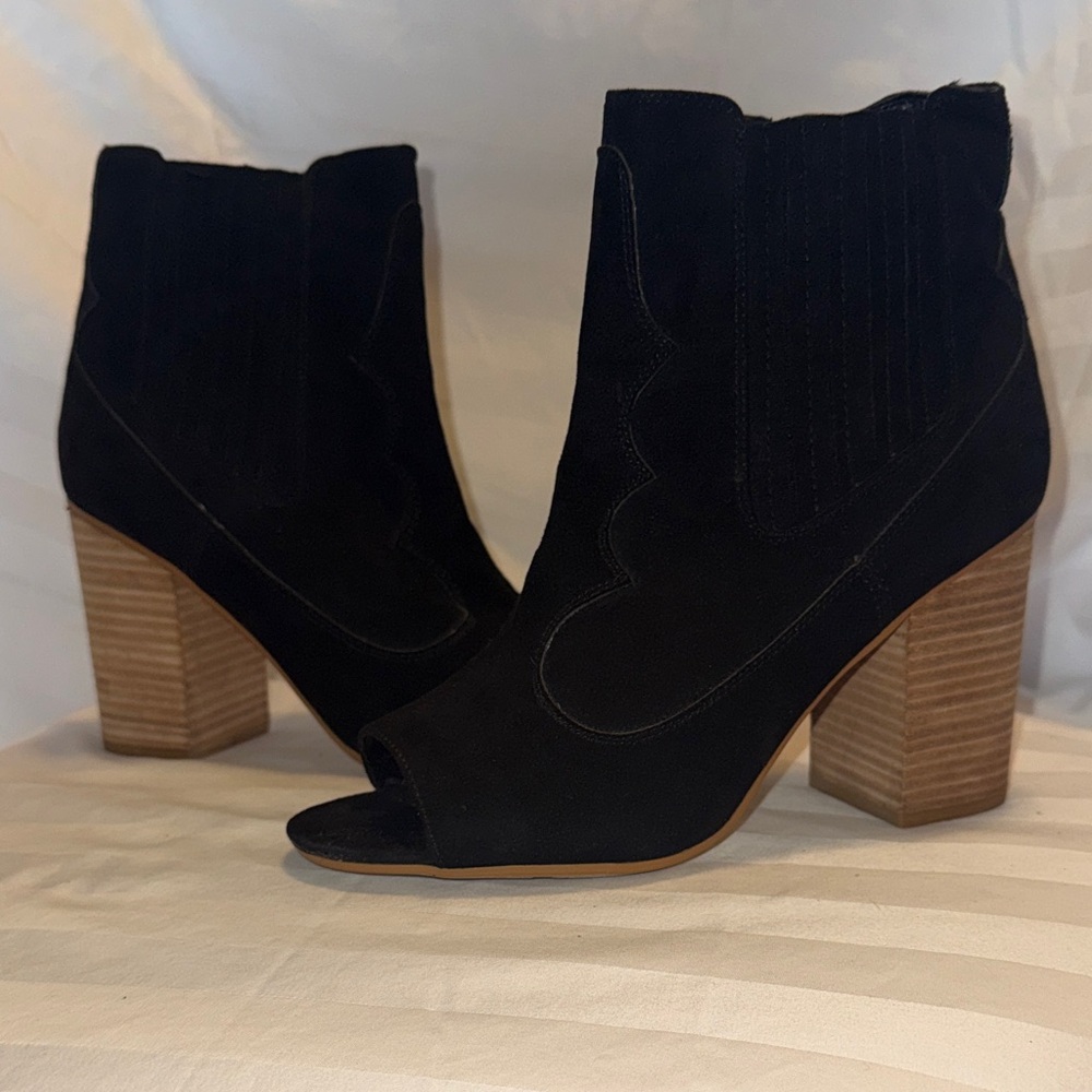 Black Faux Suede Peep-Toe Ankle Boots - Women's Fashion Booties
